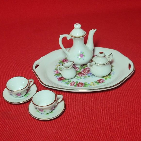 VTG Miniature Tea Set Pink Roses Gold Trim 10 Pc - Picture 5 of 11